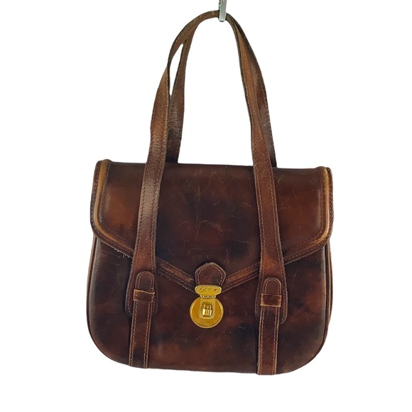 Vintage Brown Leather Twist Lock Accordian Mini Satchel